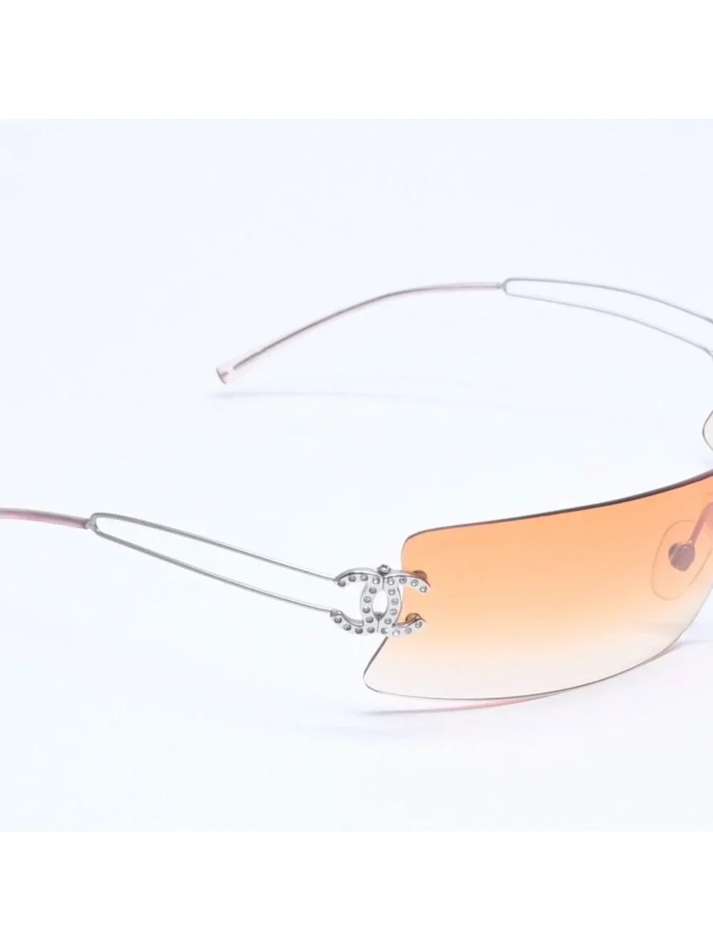 Chanel Rimless Sunglasses Orange Gradient Lens Rhinestone CC Logo Silver Eyewear